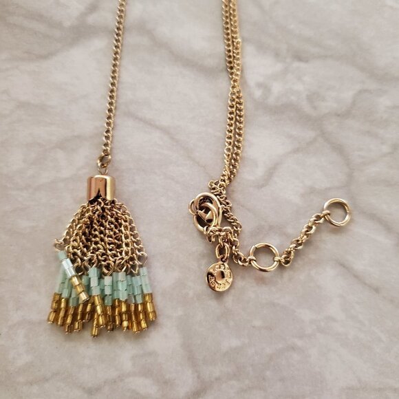 💙 J.Crew Gold Light Blue Beads Beaded Chain Tassel Necklace 💙 - Picture 2 of 6
